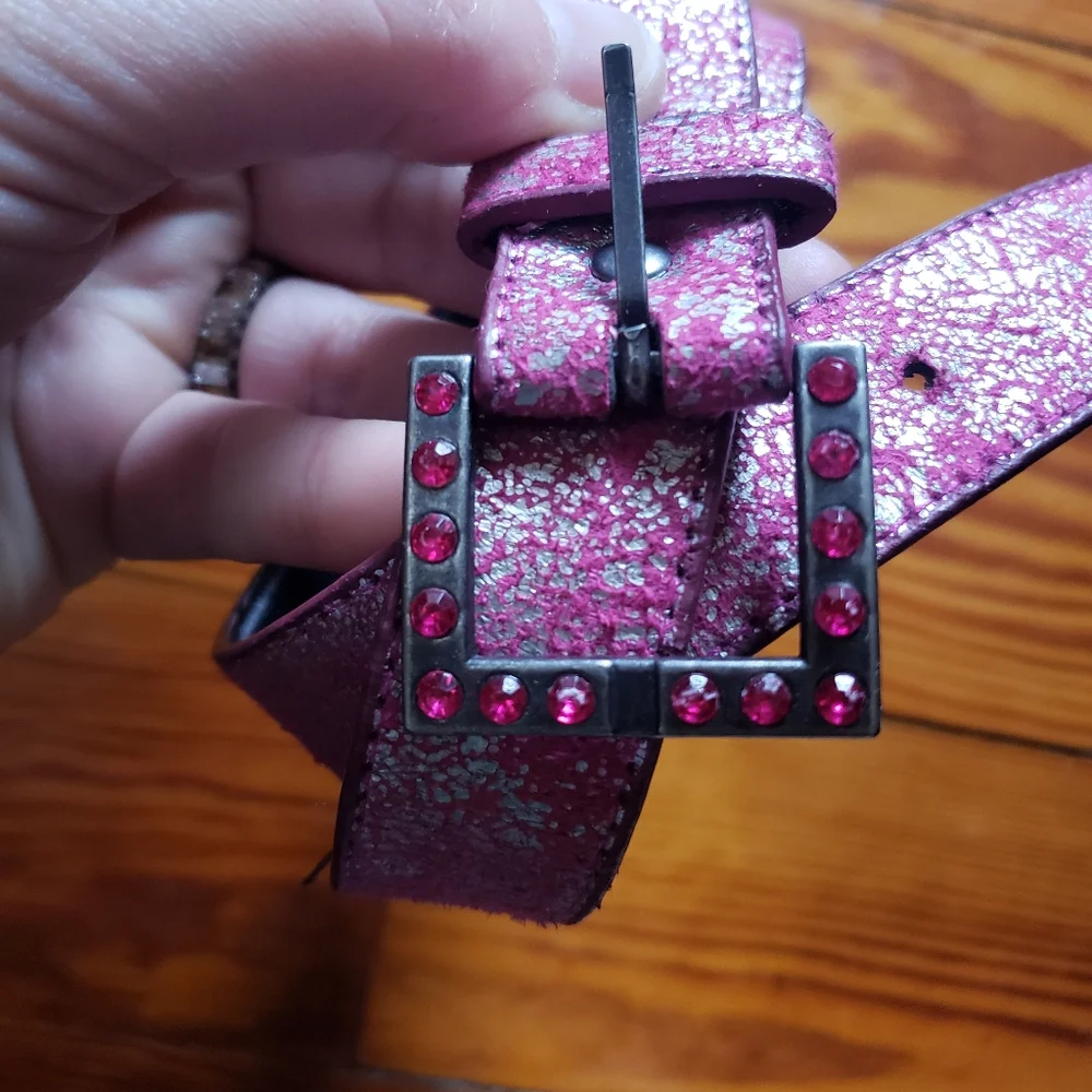 Kids Girls 5 5T Fushia Pink Silver Metallic Shimmer Belt with Studded Buckle